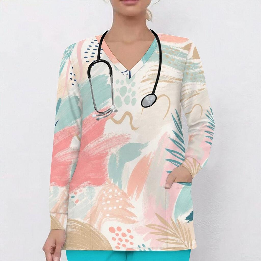 Women Plus Size Geometric Printed Nurse Scrub Top V Neck Long Sleeve With Front Pockets