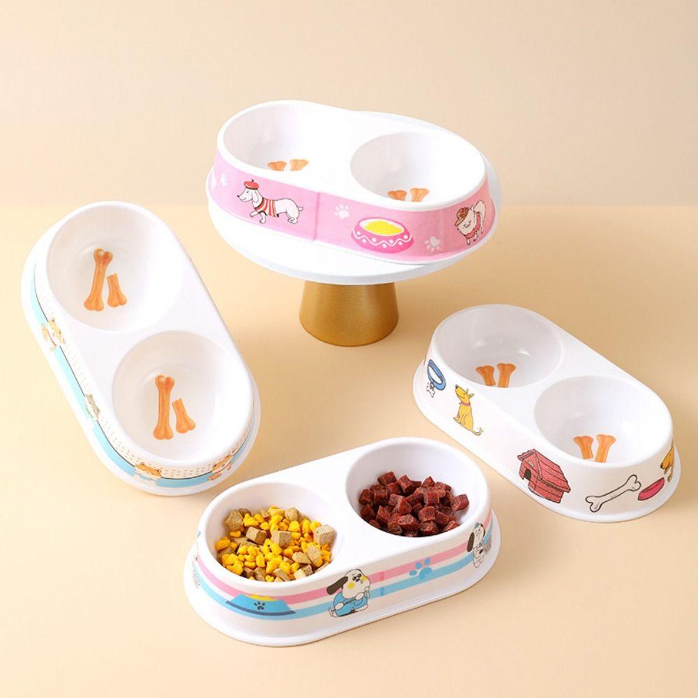 

Cartoon Print Pet Double Bowl Oval Dog Food Drinking Tray Pet Drinking Dish for Dogs Cats