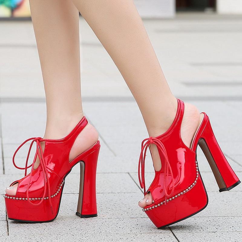 Women Waterproof Platform String Beading High Thick Heel Sandals for Office Nightclub Party Banquet Wedding Catwalk Princess