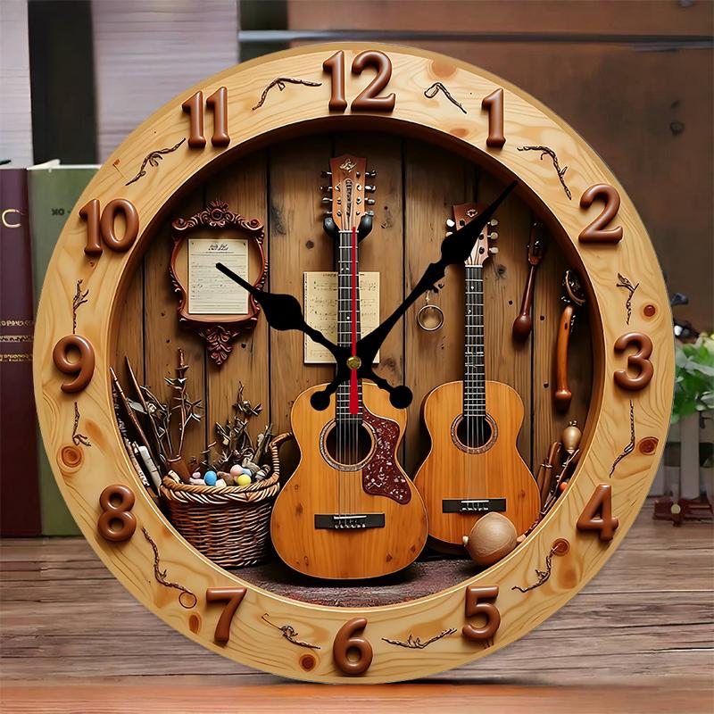 2D Flat Guitar & Music Wooden Round Silent Hanging Wall Clock, For Living Room, Office, Study Room, Bedroom, Home Decoration.
