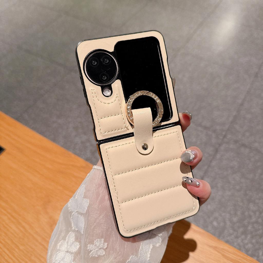 For Oppo Find N3 Flip 5G Case Down Jacket Style Rhinestone Decor Ring Holder Leather Coated PC Phone Cover