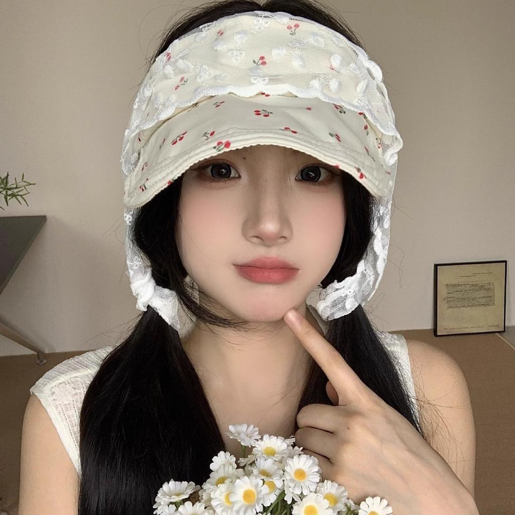 Summer Thin Cherry Mesh Empty Top Hat Sunshade Sunscreen Hat Full Network Breathable Anti-ultraviolet Large Brim Sun Hat
