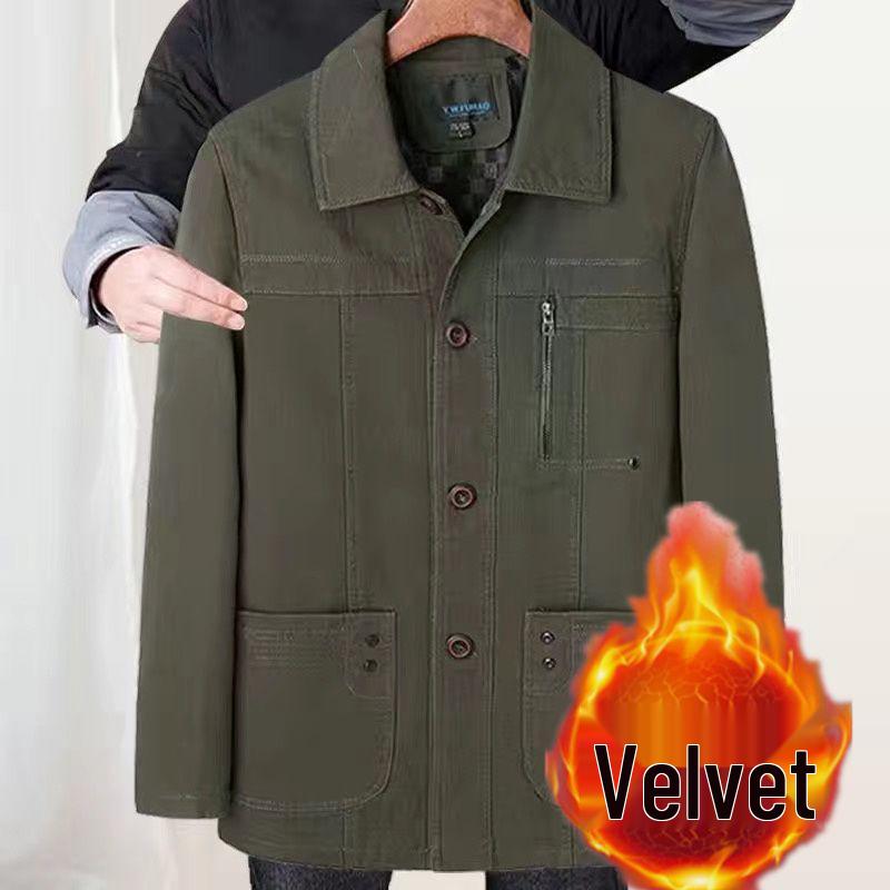 Men's Mid-Aged Full Fleece Jacket - Spring/Autumn Lapel Button Outerwear, Dad's Style Top, Grandpa's Clothing.