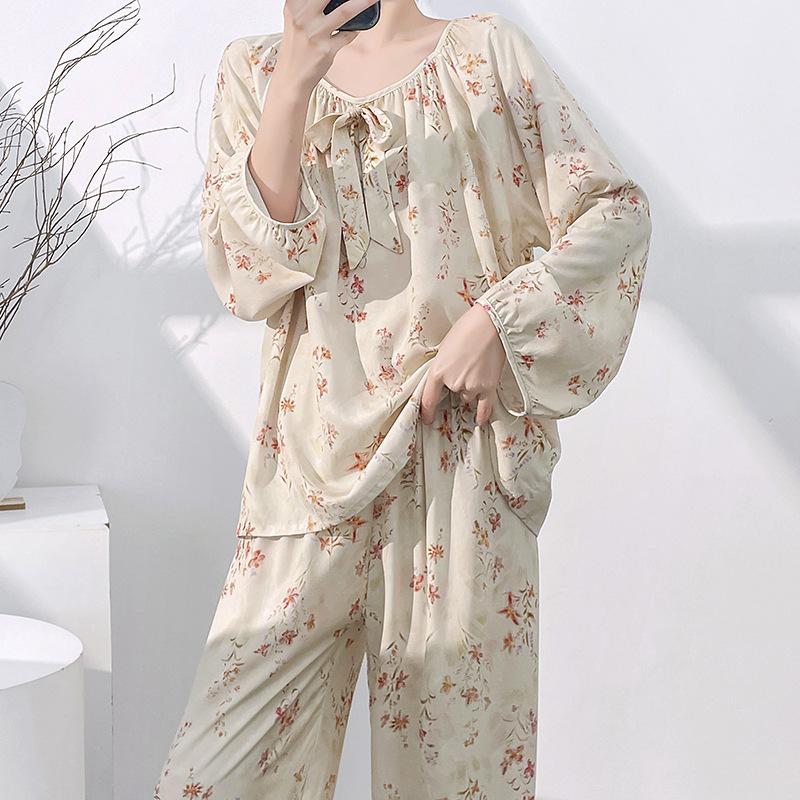 Cotton silk pajamas women's spring summer thin long-sleeved trousers floral round neck cotton pullover breathable loungewear set autumn