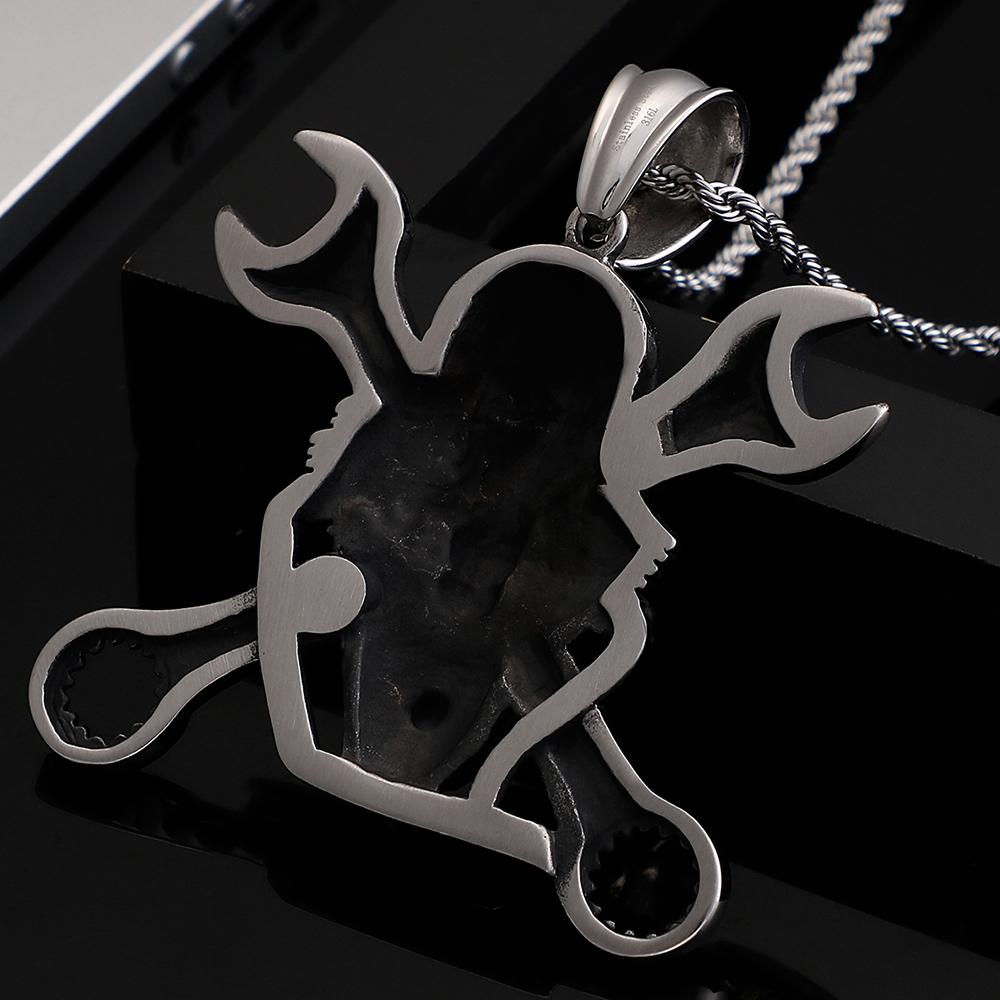 Rocker Skull Head & Wrench Tools Pendant Necklace for Men Women Stainless Steel Male Jewellery Men's Pendants Gift for Boyfriend