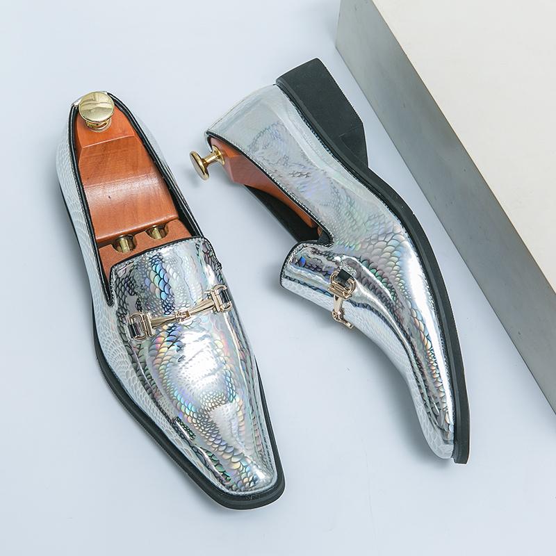 Fashion Luxury Banquet Dress Formal Shoes Pointed Low Cut High-end Business Casual Shoes for Men's Silver Men's Shiny Leather Shoes