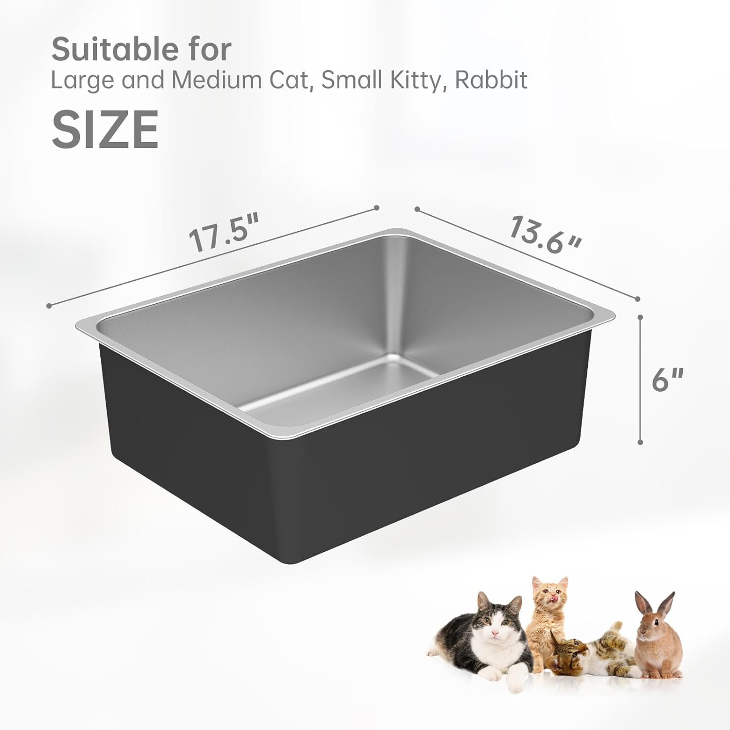 

Stainless Steel High-Sided Litter Box - Odor-Free, Easy-Clean Cat Litter Tray for Indoor Cats, Kittens, Rabbits, Puppies 17 5L 13 6W 6H