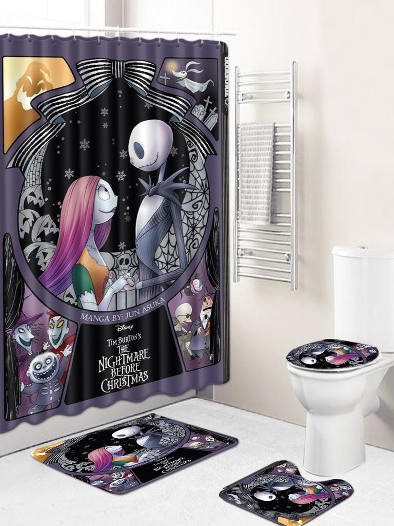 Thriller Skull Print Bathroom Non-Slip Floor Mat Shower Curtain Combination Carpet European And American Style