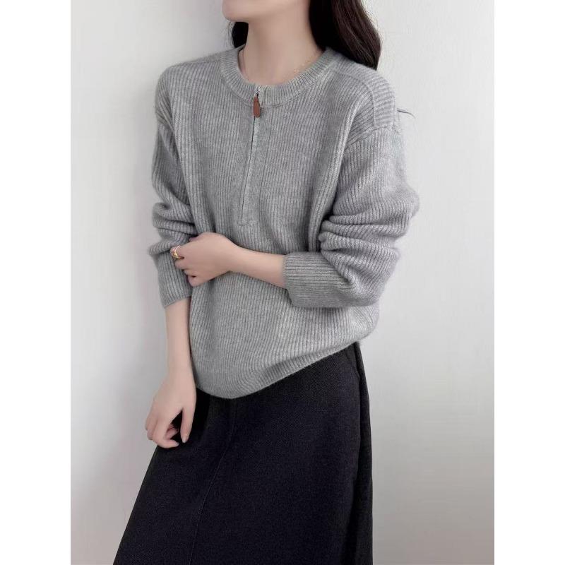 Solid color semi-zipper simple and versatile knitted sweater women's clothing autumn and winter new loose and lazy round neck pullover sweater