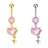 Fashion Pink Crystal Crown Belly Button Rings Stainless Steel Long Pendant Butterfly Heart Navel Piercing For Women Jewelry