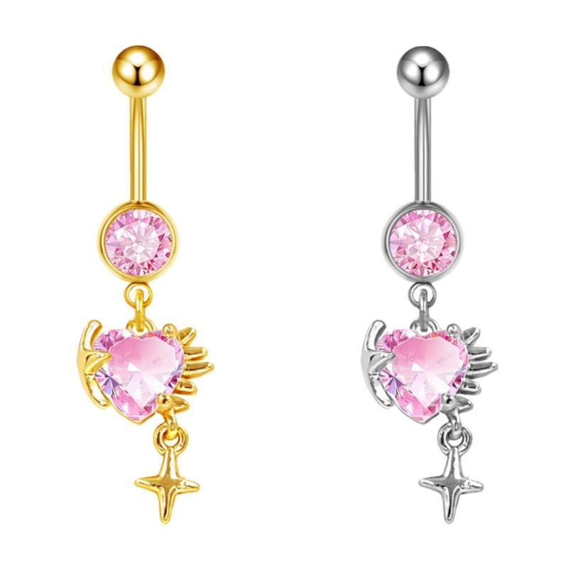 Fashion Pink Crystal Crown Belly Button Rings Stainless Steel Long Pendant Butterfly Heart Navel Piercing For Women Jewelry