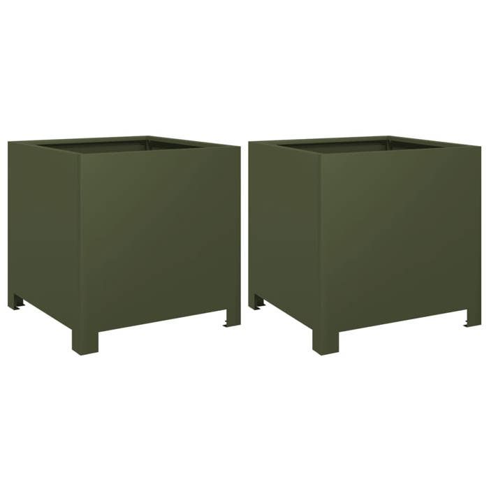 VidaXL Planters 2 Pcs Olive Green 40x40x40 Cm Steel, Planter, Patio Planter, Flower Box, Outdoor Planter, 851206