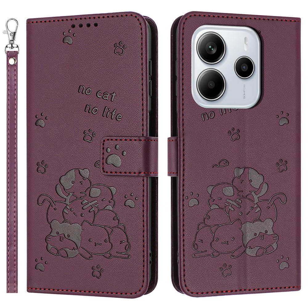 Lommebokdeksel til Xiaomi Redmi Note 14 4G (163.25x76.55x8.16mm) Katter Imprint Lær Telefondeksel med Stropp