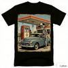 Vintage Skeleton Gas Station Graphic T-Shirt Classic Car Pump Print Cotton Short Sleeve Casual Unisex Tee Retro Road Trip