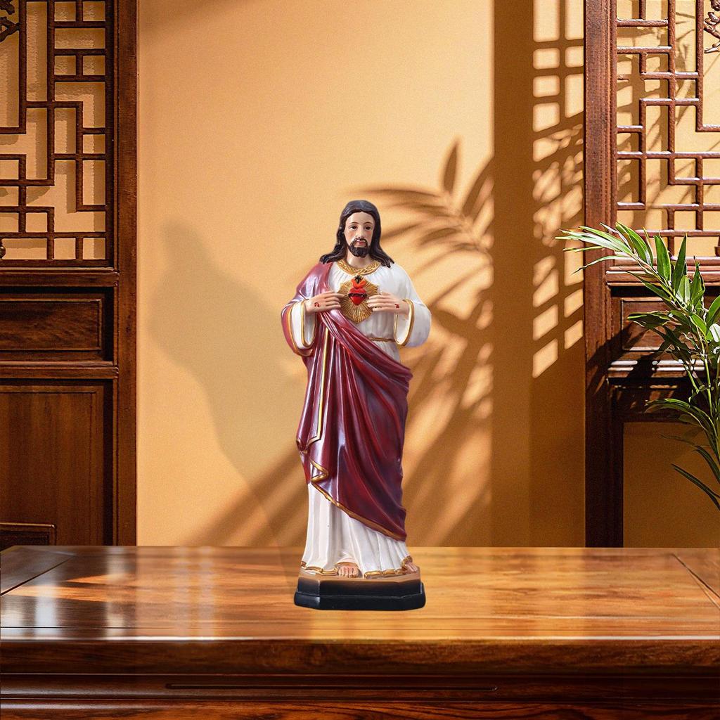 Statua del Sacro Cuore di Gesù Dipinta a Mano Statuetta in Resina Religiosa Retrò per la Casa