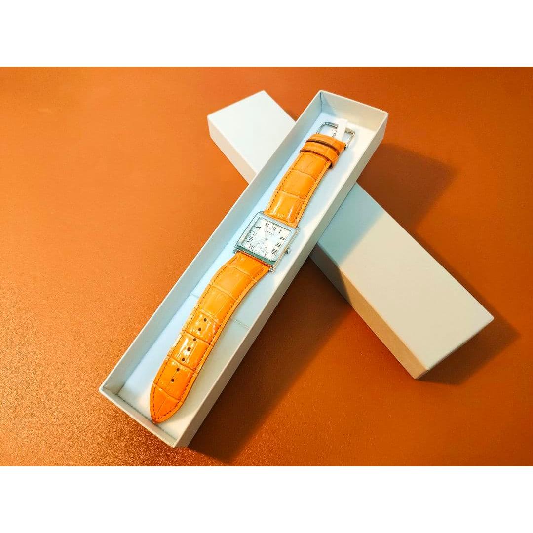 Used FURLA Watch Square Case Orange Belt Roman Numerals Leather