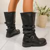Vintage Buckle Decro Pu Leather Riding Boots Women  Slip On Middle Heel Mid Calf Boots Woman Round Toe Autumn Winter Botas
