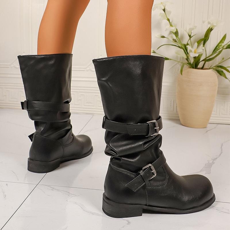 Vintage Buckle Decro Pu Leather Riding Boots Women Slip On Middle Heel Mid Calf Boots Woman Round Toe Autumn Winter Botas