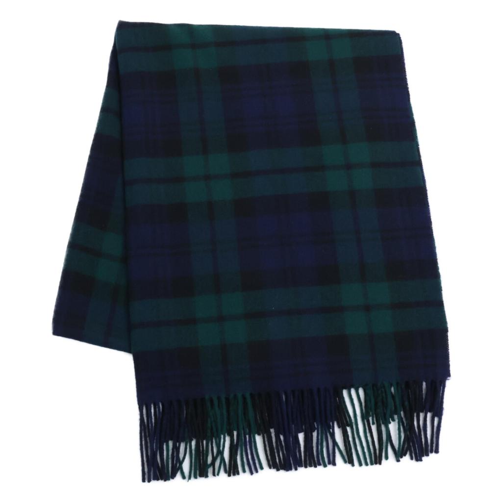 JOHNSTONS [Excellent condition] Tartan cashmere fringe stole / Scarf Navy / GreenUsed