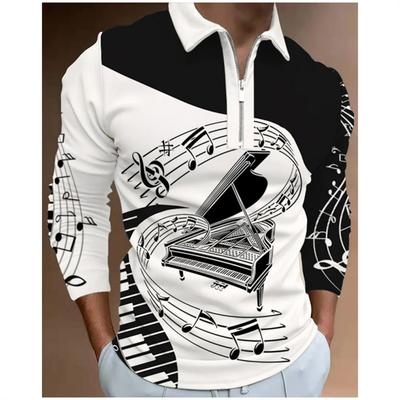 Men T-Shirt Zip Polo Men's Tops Golf Graphic Prints Music Notes Light Long Sleeves Zipper Print Clothing Apparel Fashion Casual