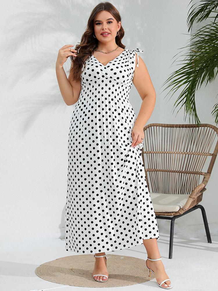 Aesthetic Vintage Loose Plus Size Sling Dress Women Fashion Casual Slim Polka Dot V Neck Dresses Female Design Sleeveless Off Shoulder Clothing Lady