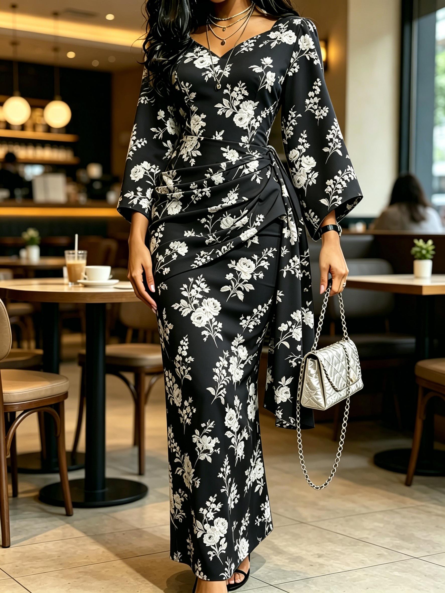 Womens Kimono Sleeve Floral Print Maxi Dress V Neck Ruched Wrap Waist Bodycon Elegant Long Dress XS