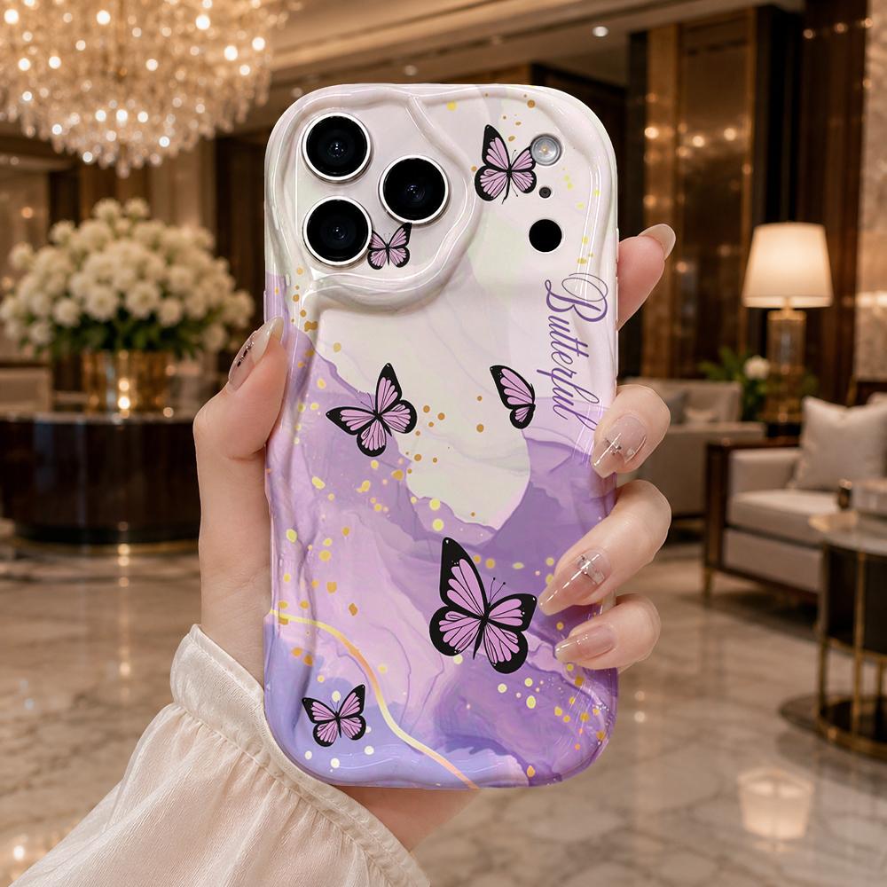 Gradient Purple Gold Foil Butterfly Phone Case for iPhone 17 16 15 14 13 12 11 Pro Max Plus Wavy Edge Cover