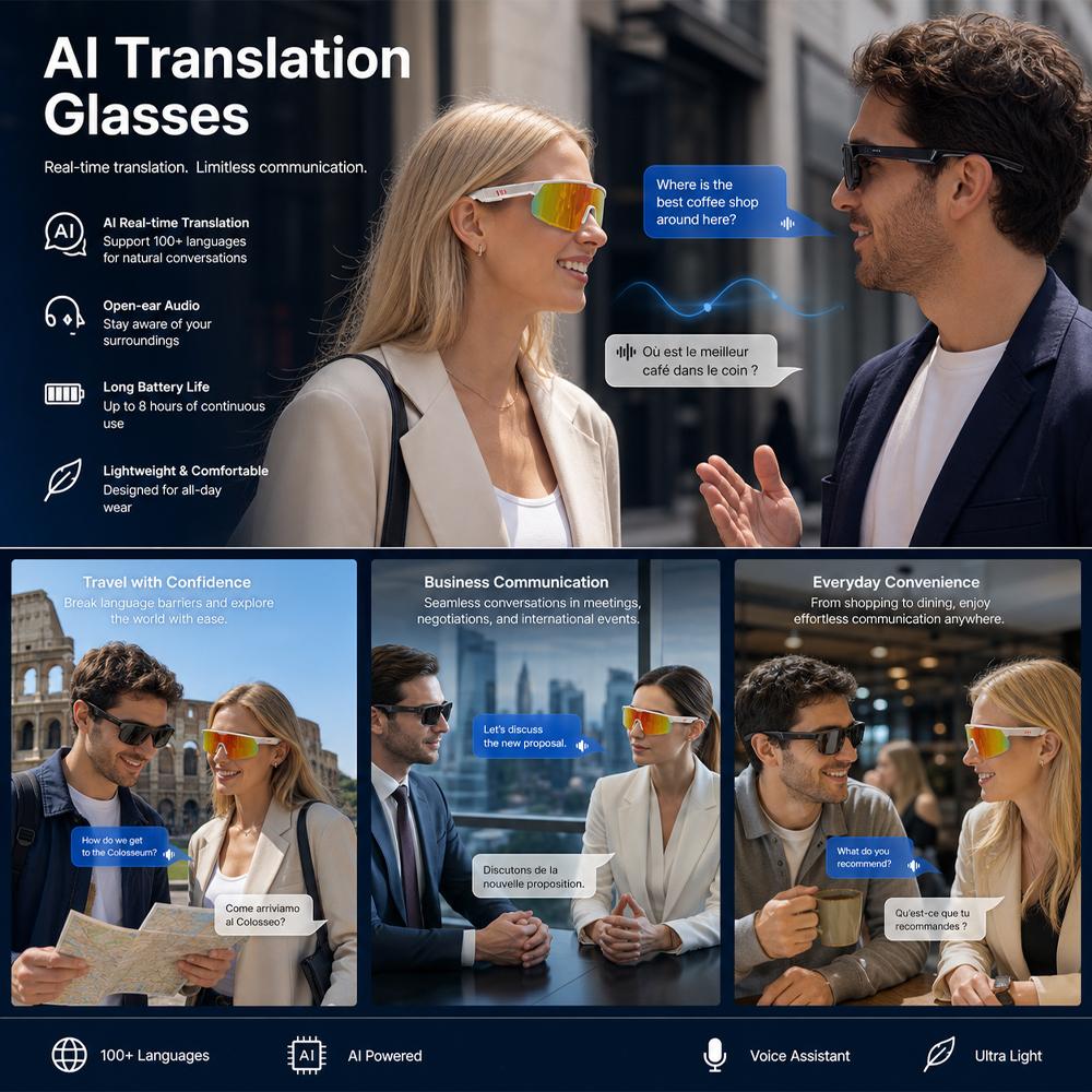 For AI Smart Translation Glasses Magnetic Charging Multi-Control Wireless Calling Real-time Translation Music Playback Hi-Fi