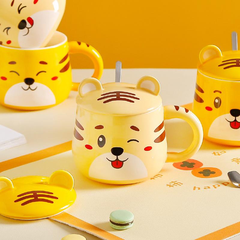 Cartoon Super Cute Little Tiger Mug Tiger Year Ceramic Water Cup with Lid and Spoon Home Office Breakfast Coffee Cup