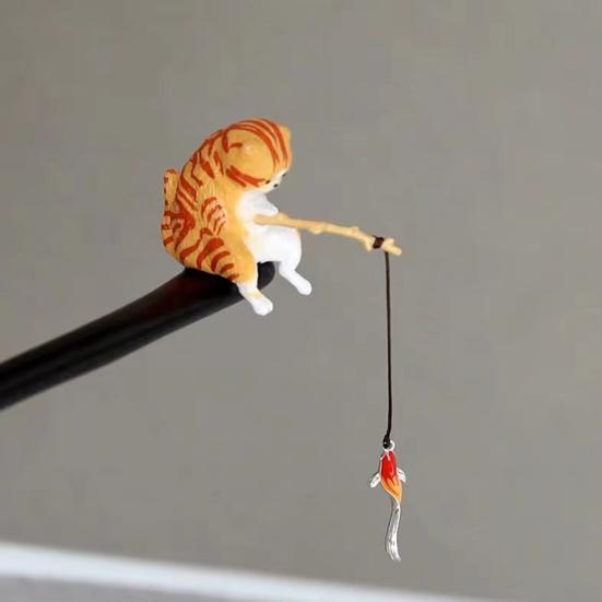 Hair Stick Cat Fishing Decor Hair Stick Chinese Style Easy Clip Design Women Girl Hair Pin Hair Accessories