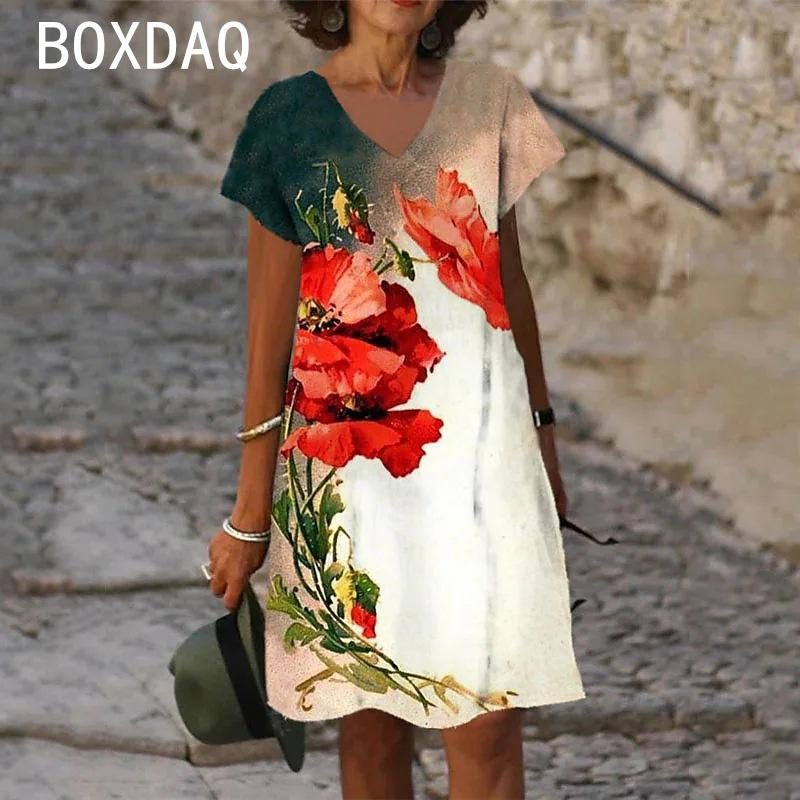 Women V-neck Short Sleeve Beach Dress 6XL Big Size Elegant Gradient Vintage Floral Casual A-Line Dress Vestidos De Mujer