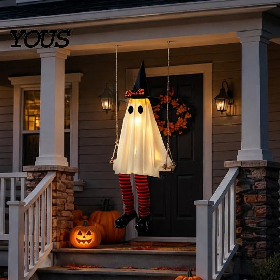 Einfach aufzubauen Halloween Geist Hängende Schaukel Dekoration, Leuchtend Große Schwingende mit Beleuchteter Veranda Dekor Hexenhut Und Gestreifte Beine für Hof Terrasse Garten