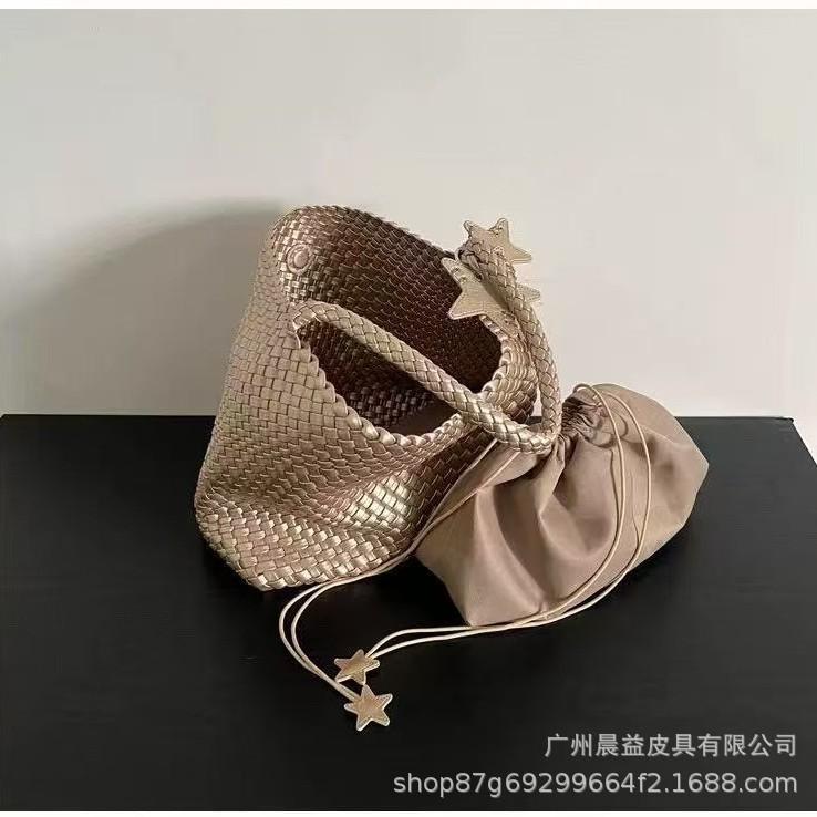 Champagne Handmade Woven Bucket Tote Bag - Large Capacity Shoulder Handbag