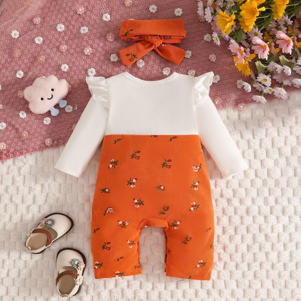 Floral Cat Long Sleeve Suspender Bodysuit & Headband for Baby Girls (0-2 Yrs)