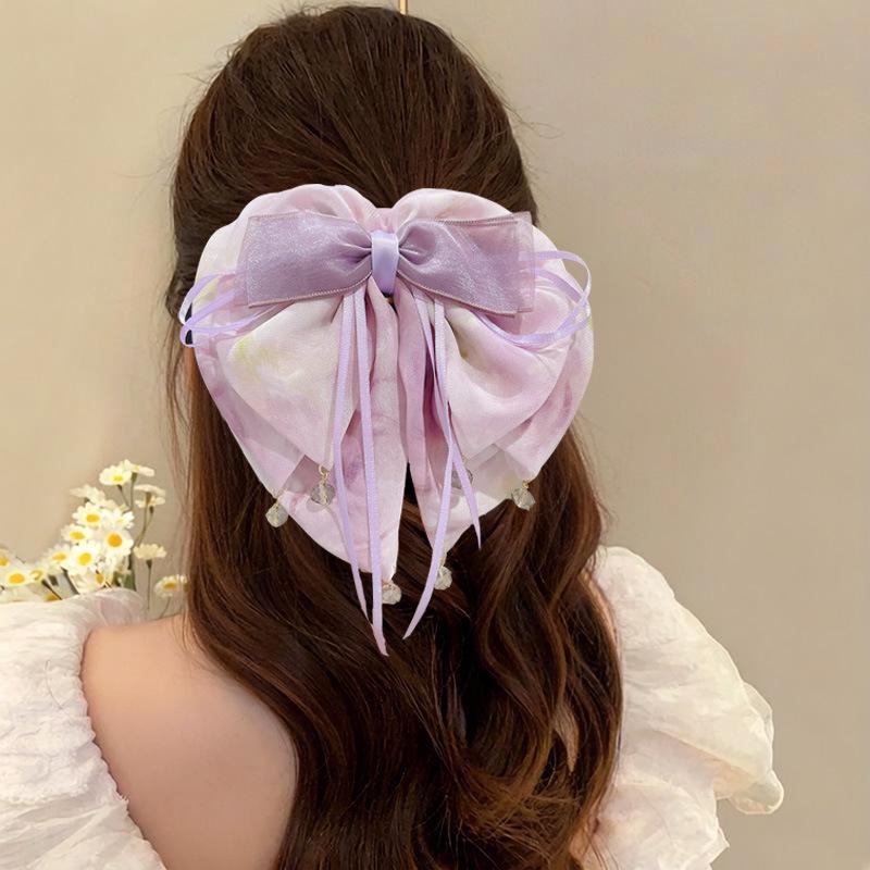 Duży letni klips ze szponami z koronkową krawędzią i kokardą - Wielowarstwowy design z piór