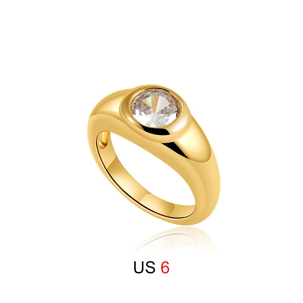 Vintage Round Sparkle Zircon Chunky Ring for Women Minimalist Smooth Gold Plated Stainless Steel Waterproof Jewelry Party Gift