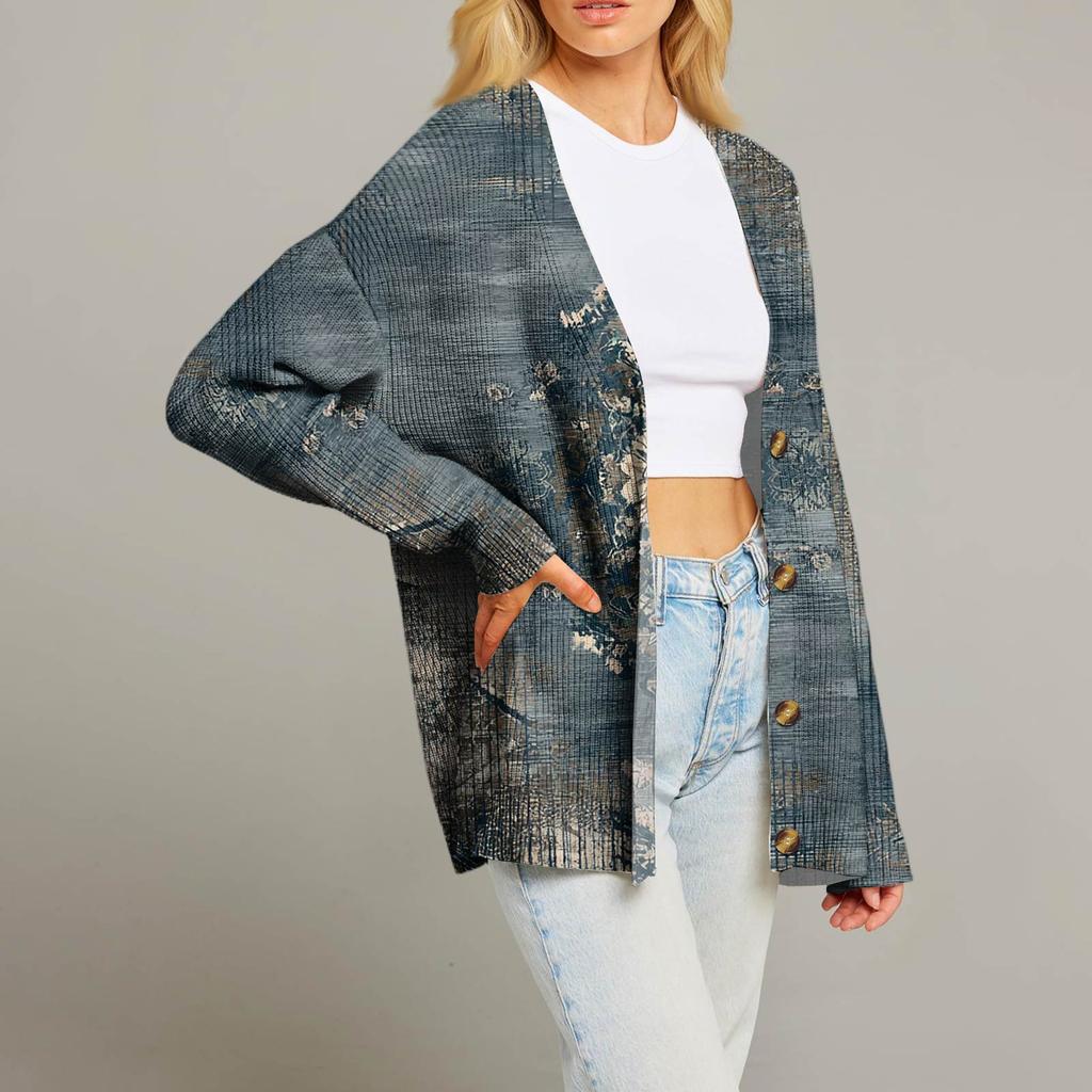 Women's Fashion Long Sleeve Christmas Print V-Neck Button Loose Cardigan Top