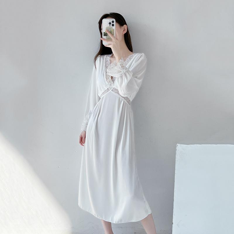 Spring and summer pajamas women's ice silk boyfriend wind 1011 new long-sleeved pure desire pajamas sexy lace dress