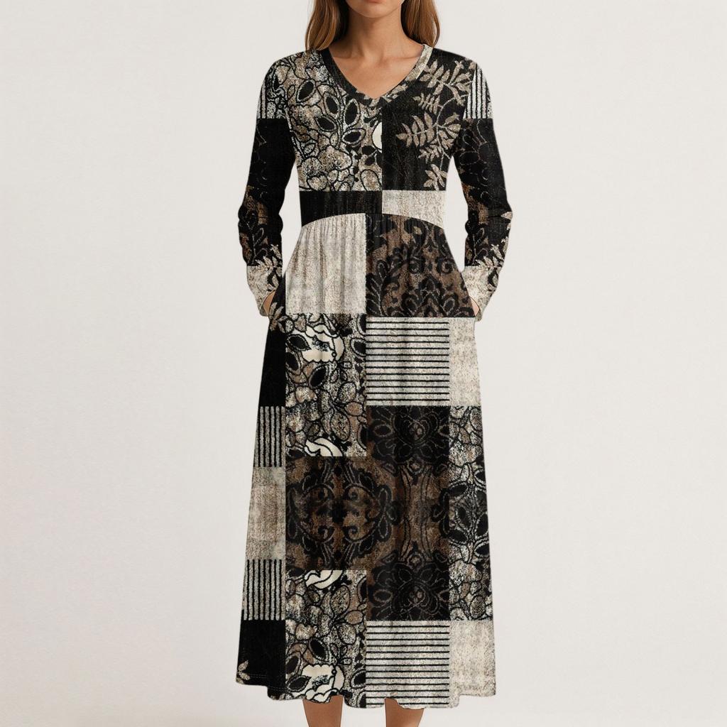 Dress For Women Long Boho Beach Dress Elegant Maxi Dress V-Neck Long Sleeve Dress With Pockets