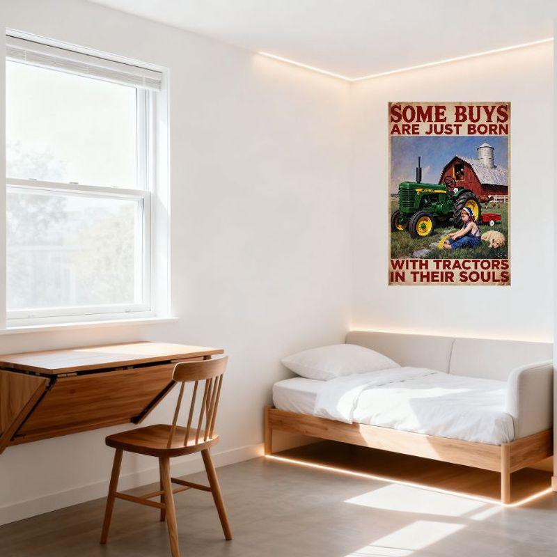 Vintage Farm Life Tin Sign with Child & Tractor 'Some Buys Are Just Born With Tractors In Their Souls' Metal Poster for Home Gar
