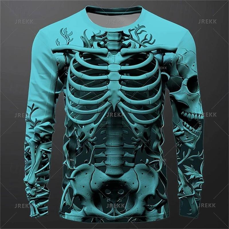 Autumn New 3D Skeleton Skulls Print Long Sleeve T Shirt Horror Skull Graphic Long Sleeve Clothes Vintage Cool Mens Clothing Tops