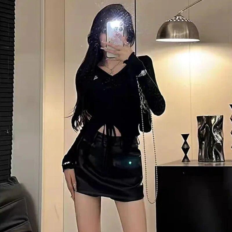 Hotsweet T-shirts Women Crop Y2k Tops Irregular American Streetwear Designer Bandage Gothic Harajuku Long Sleeve Autumn Vintage