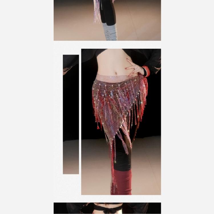 Belly Dance Hip Scarf Long Tassels Belly Dance Waist Chain with Rhinestones Decoration Belly Dance Belt Wrap Skirt