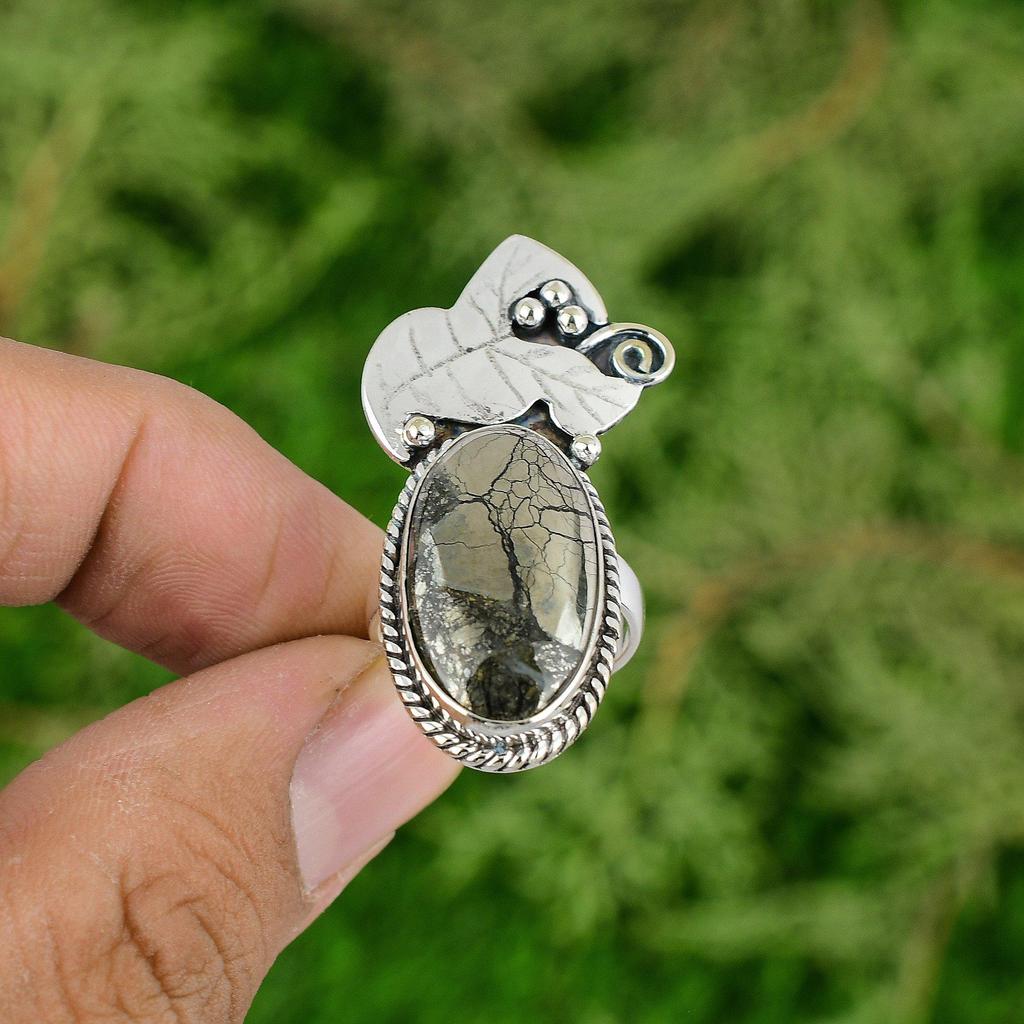 Mothers day Sale Oval Pyrite Stone Solitaire Ring 925 Sterling Silver US 6.75