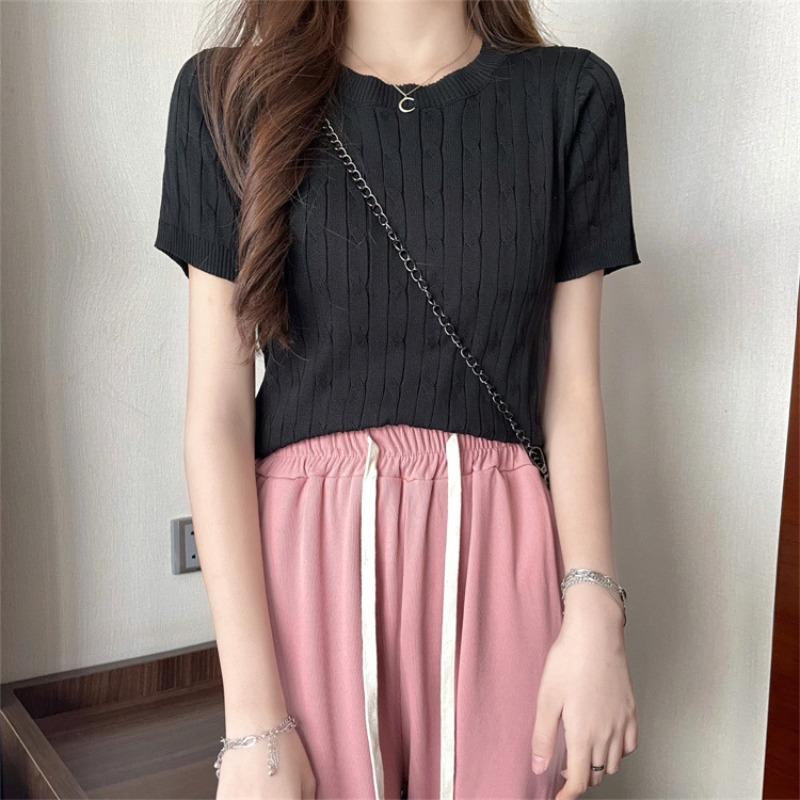Vintage Crew Neck Short Sleeve Shirt Knitted Sweater Women's Thin Summer Design Slim Fit Short Student Top