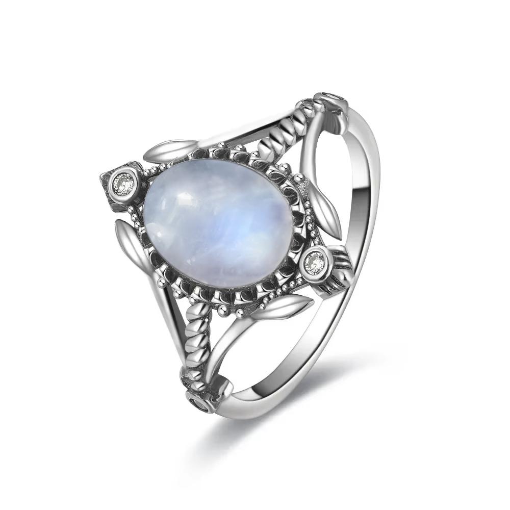 Vintage 925 Sterling Silver Natural Moonstone Rings Bohemia Oval Shape Retro Ring Gifts Fine Jewelry for Women Men