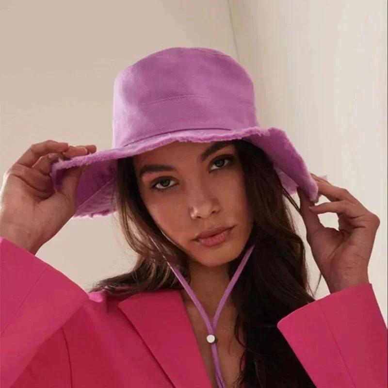 Designer Fisherman Hat Personalized Trend Letters Wide Eave Cap Summer Solid Color Sunproof Hanging Rope Bucket Hat for Adults