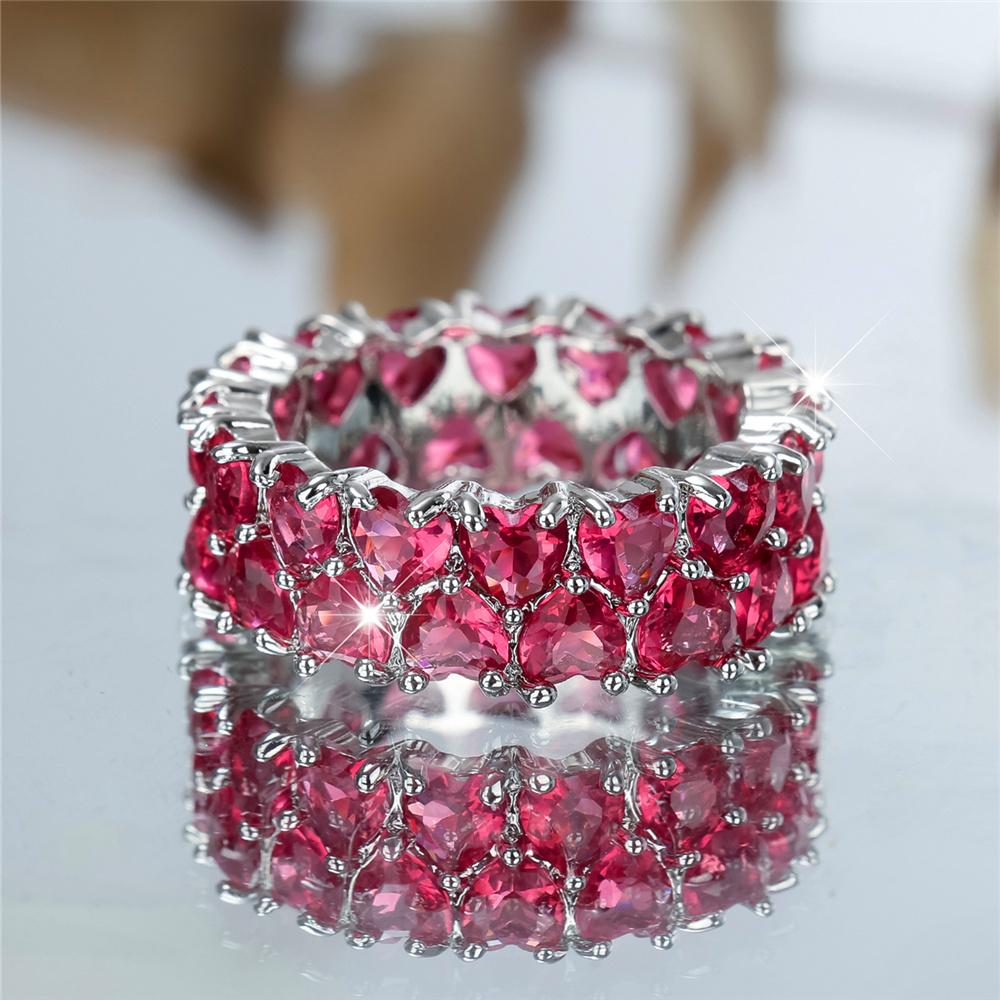Crystal Female Rose Red Zircon Stone Heart Engagement Rings For Women Color Wedding Bands Jewelry Party Gifts