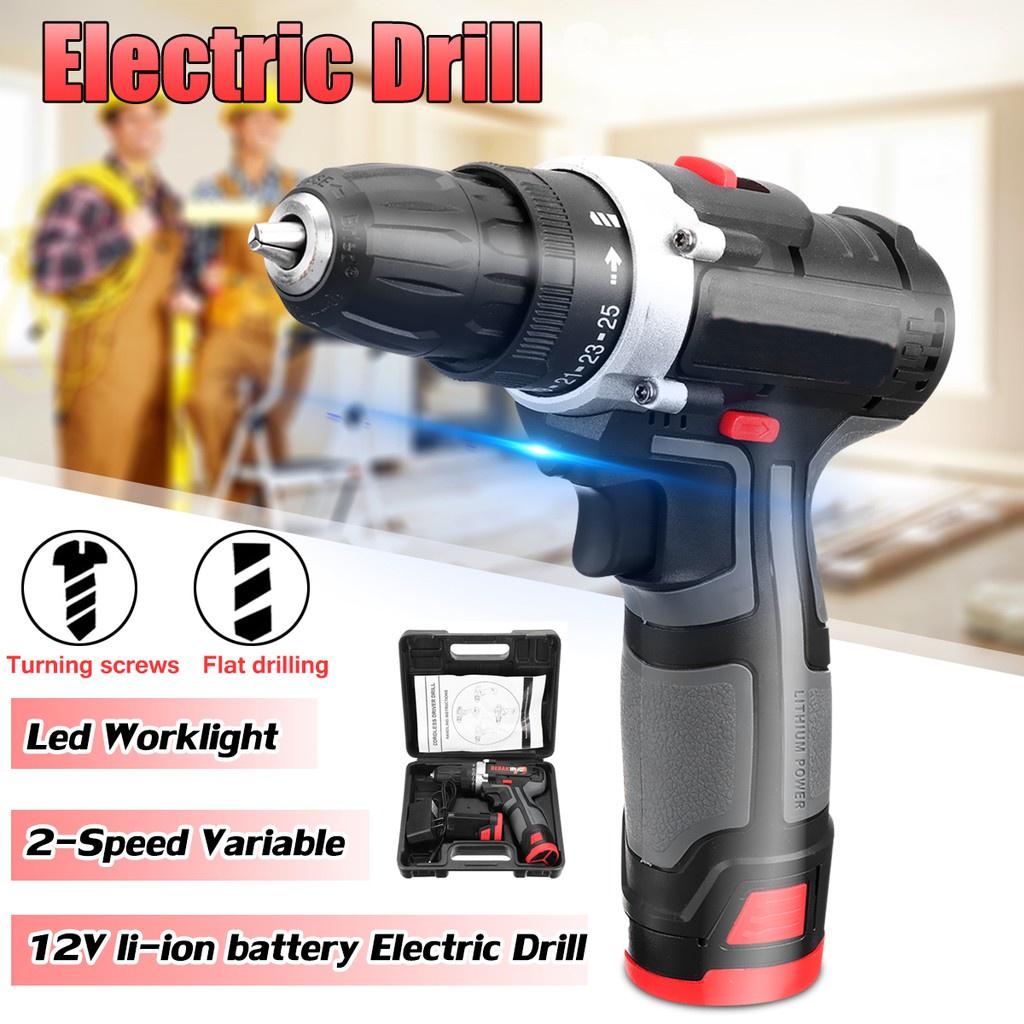 Rechargeable 12V Li-Ion Battery Cordless Drill 2 Speed Drilling Screw Driver Electric Drill Hand Power Tool +LED Light New
