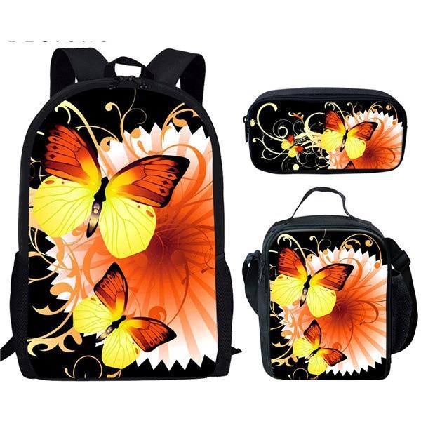 Trendig Beliebt Neuheit Lustig Schmetterling 3D-Druck 3 Stück/Set Schüler Schultaschen Laptop Tagesrucksack Rucksack Lunchtasche Federmäppchen